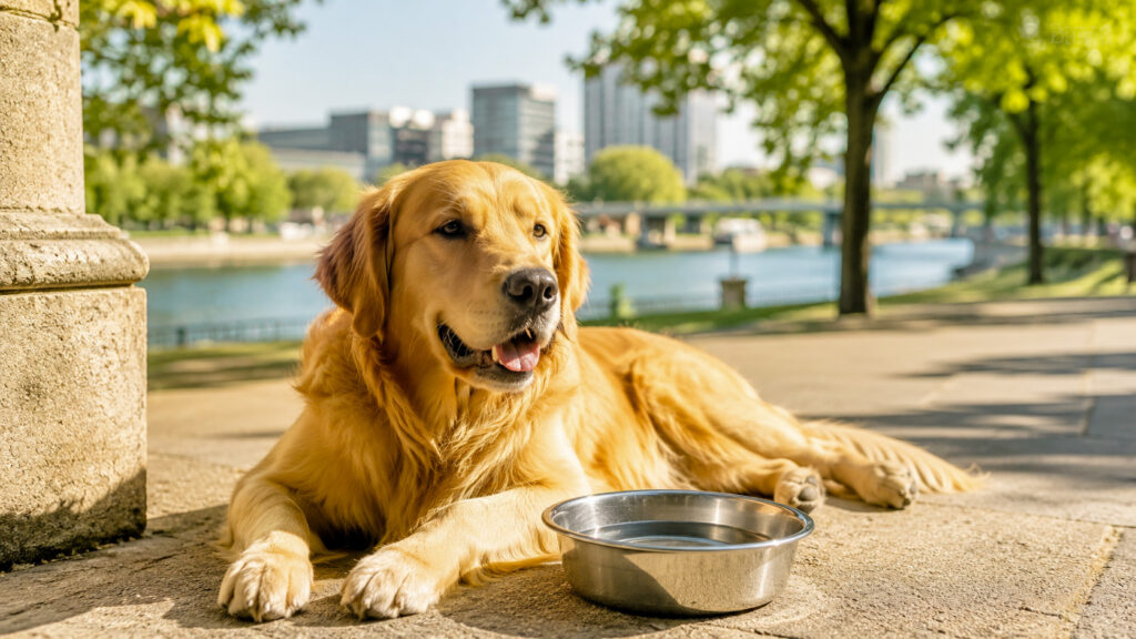 Chien à l'ombre près d'une gamelle d'eau fraîche pour prévenir le coup de chaleur à Levallois-Perret et Neuilly-sur-Seine