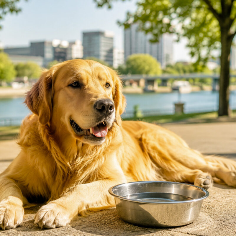 Chien à l'ombre près d'une gamelle d'eau fraîche pour prévenir le coup de chaleur à Levallois-Perret et Neuilly-sur-Seine