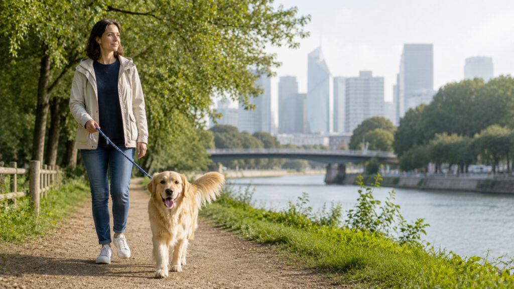 Promenade d'un chien en laisse au bord de Seine sur l'île de la Jatte, entre Levallois-Perret et Neuilly-sur-Seine