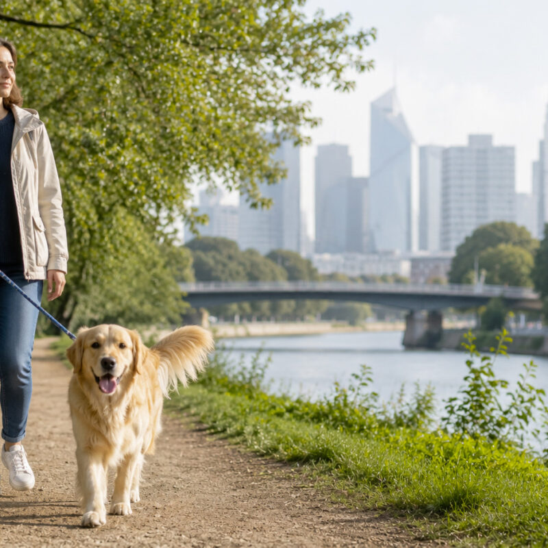 Promenade d'un chien en laisse au bord de Seine sur l'île de la Jatte, entre Levallois-Perret et Neuilly-sur-Seine
