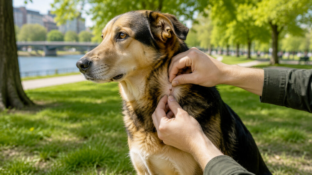 Inspection des poils d'un chien à la recherche de tiques après une promenade à Levallois-Perret et Neuilly-sur-Seine