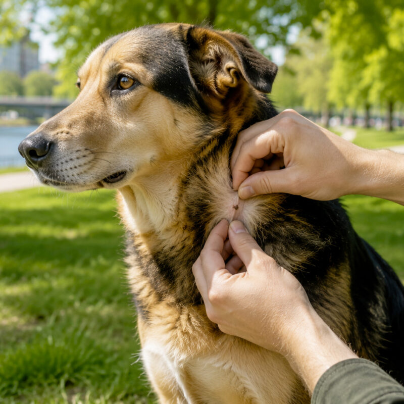 Inspection des poils d'un chien à la recherche de tiques après une promenade à Levallois-Perret et Neuilly-sur-Seine