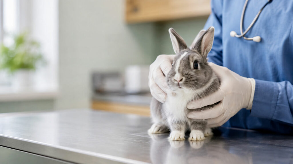 Vétérinaire examinant un lapin en consultation à la Clinique du Colibri à Levallois-Perret