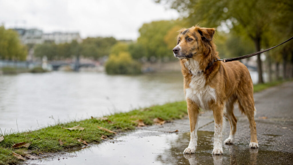 Chien en promenade au bord de la Seine, zone à risque de leptospirose à Levallois-Perret
