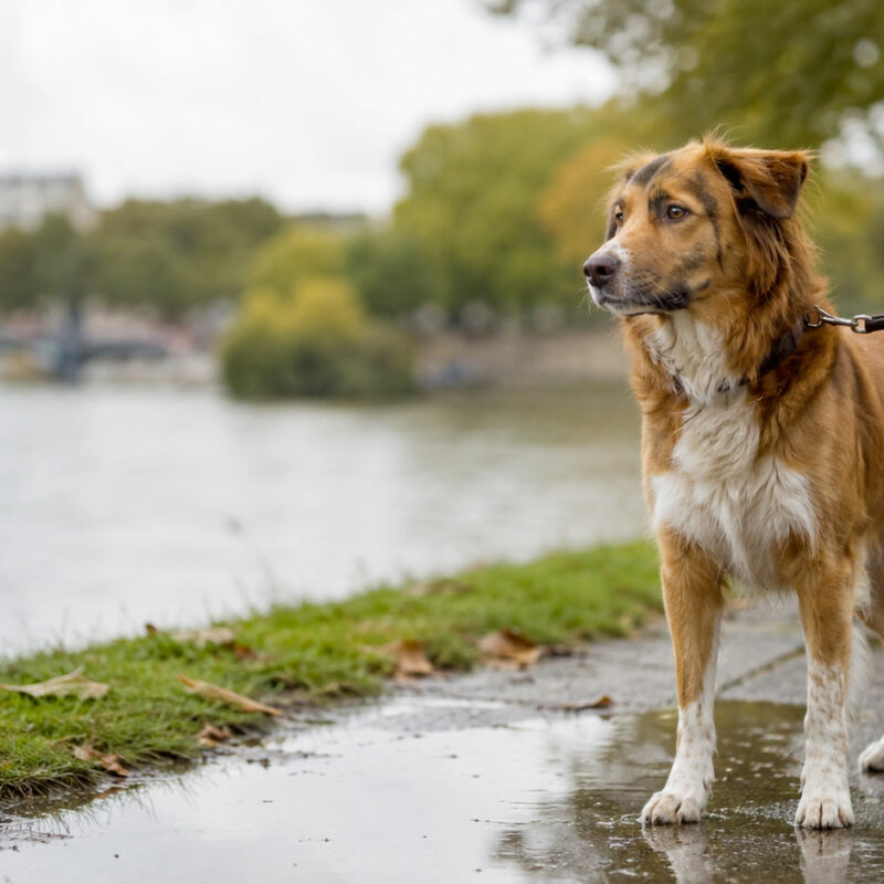 Chien en promenade au bord de la Seine, zone à risque de leptospirose à Levallois-Perret